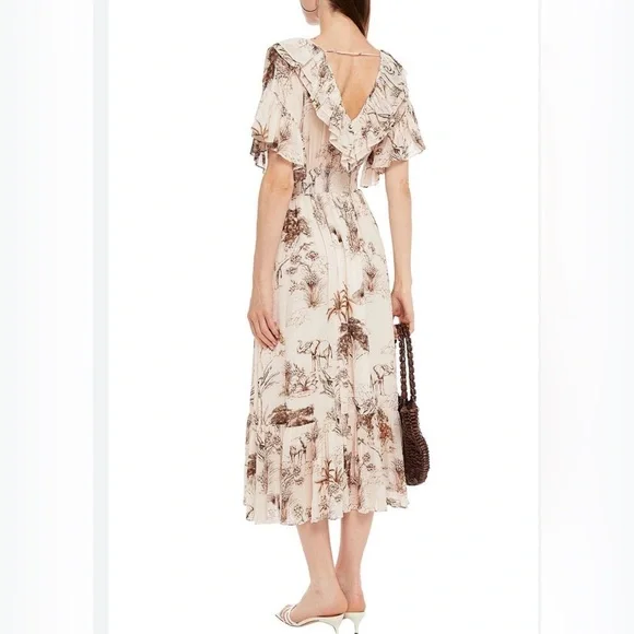 Sandro Paris Marro Ruffled Elephant Toile Midi Dress NWT $490 Size S - Picture 3 of 12